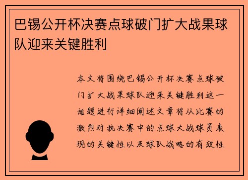 巴锡公开杯决赛点球破门扩大战果球队迎来关键胜利